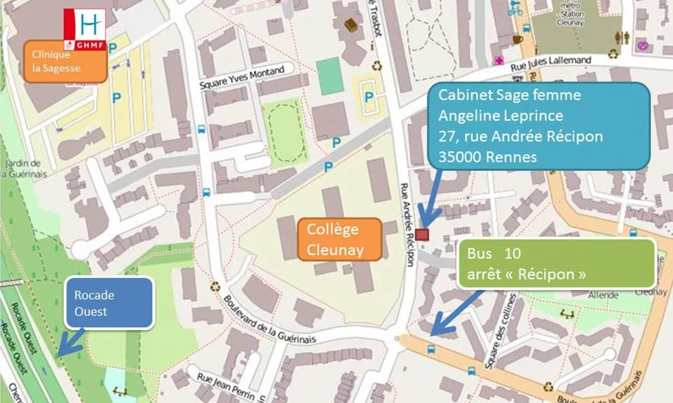 Plan d’accès au cabinet de sage-femme, 27 rue Andrée Récipon à Rennes-Cleunay