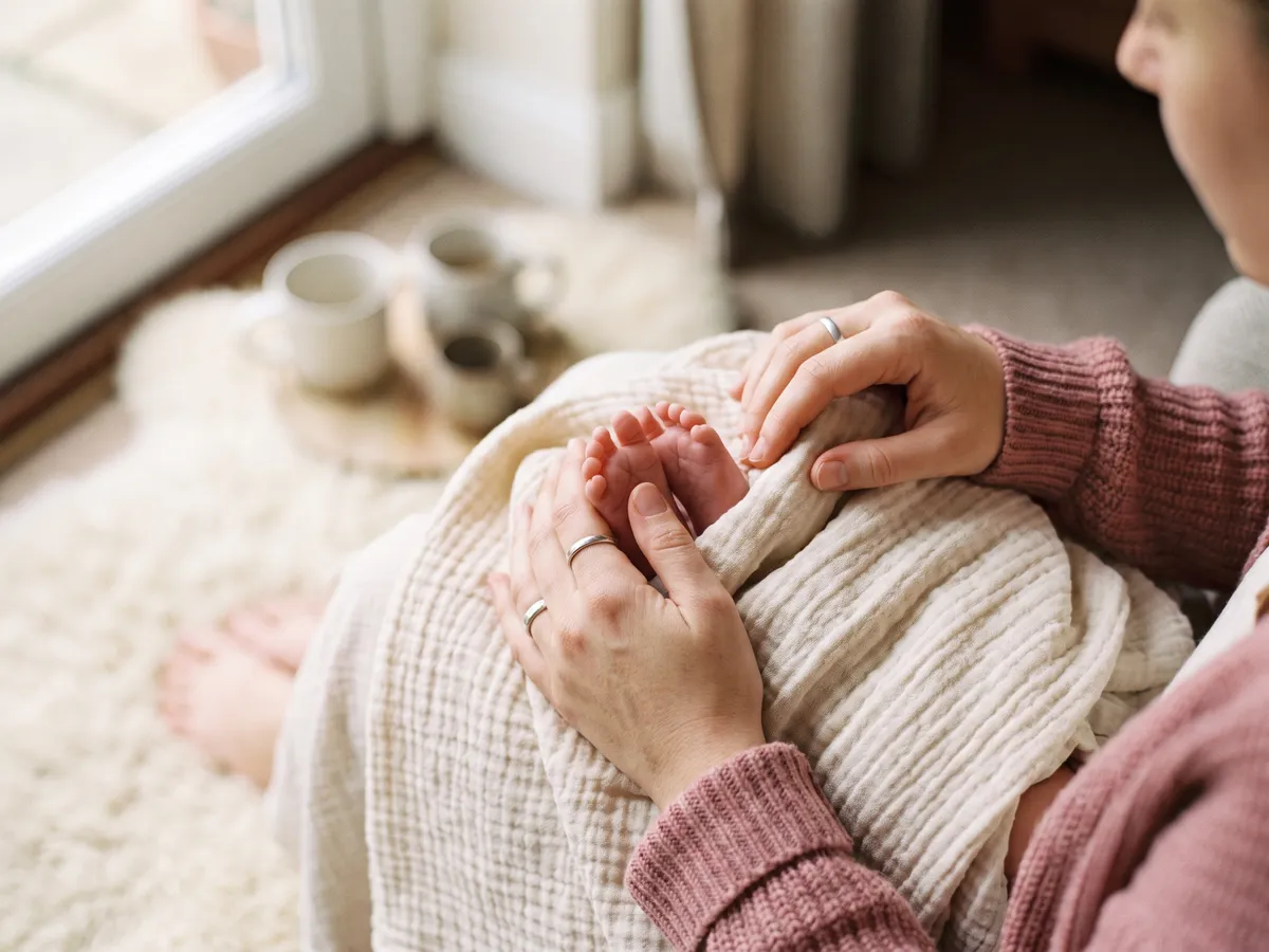 Parent tenant les pieds de son nouveau-né lors du suivi postnatal